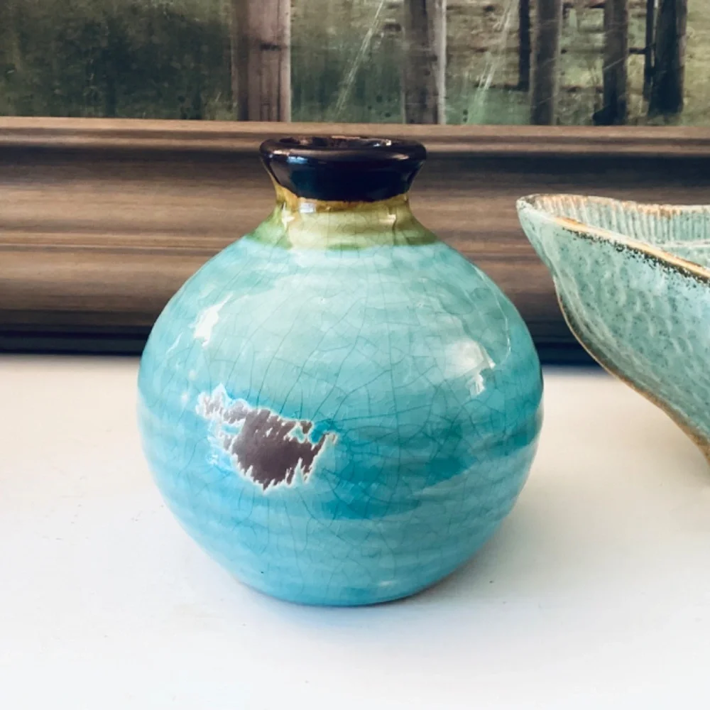 Turquoise Ceramics Set Of 3 Mixed Pieces Vases Square Bowl Home Accents Decor - Picture 8 of 12